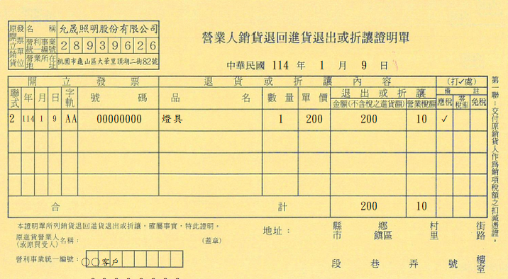 營業人銷貨退回進貨退出或折讓證明單